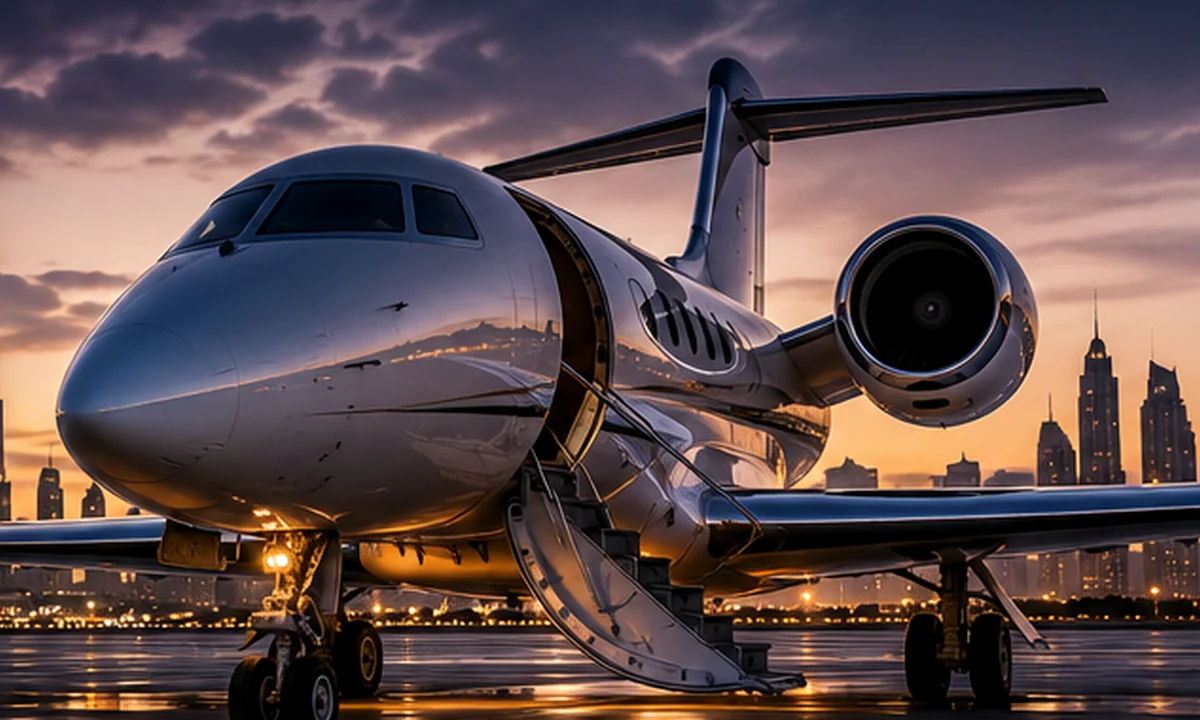 Private jet at sunset